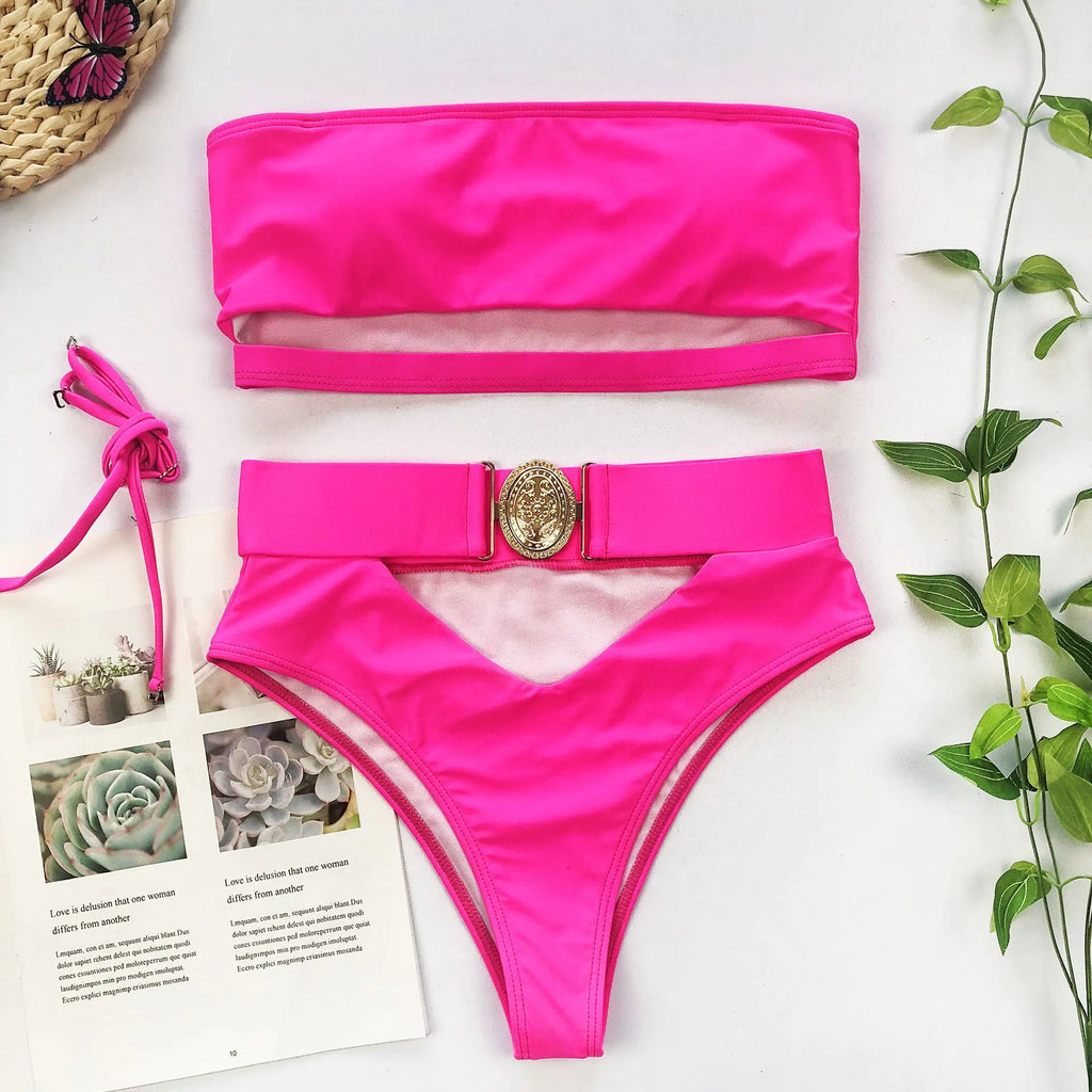 Strapless Metal Buckle Bikini Set
