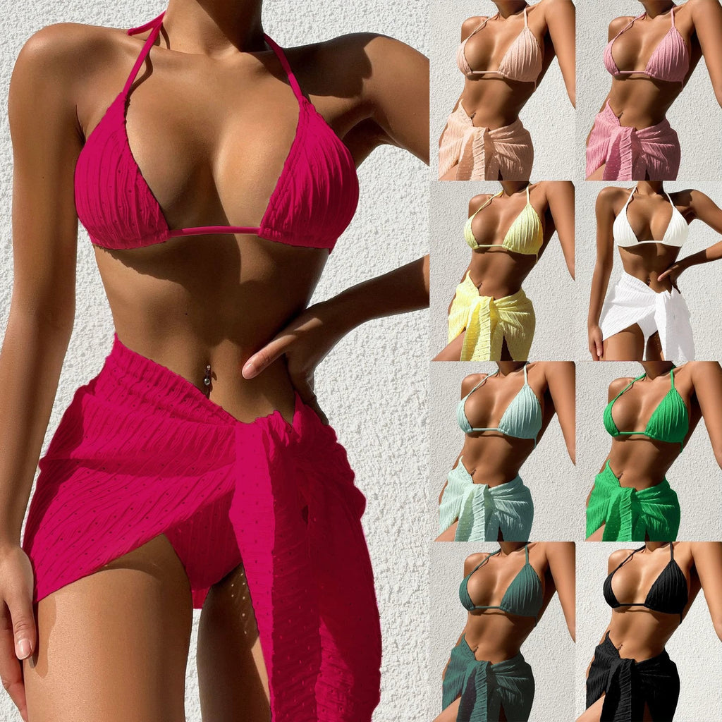 3-Piece Halterneck Bikini Set with Mesh Skirt