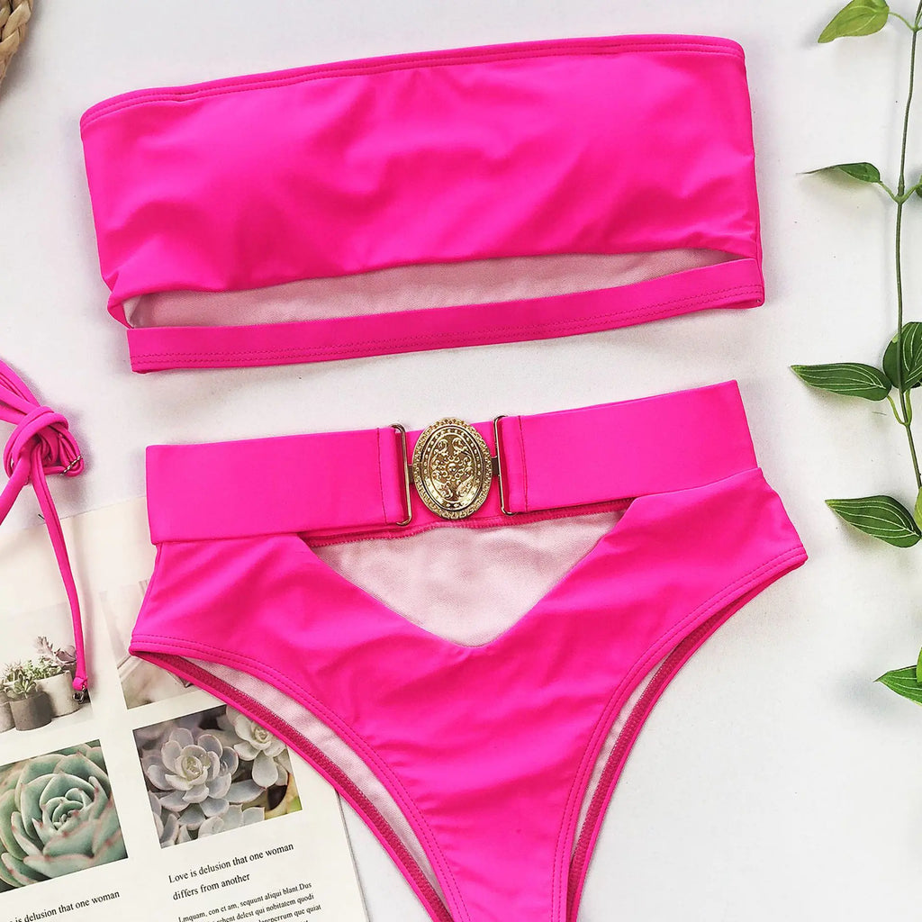 Strapless Metal Buckle Bikini Set