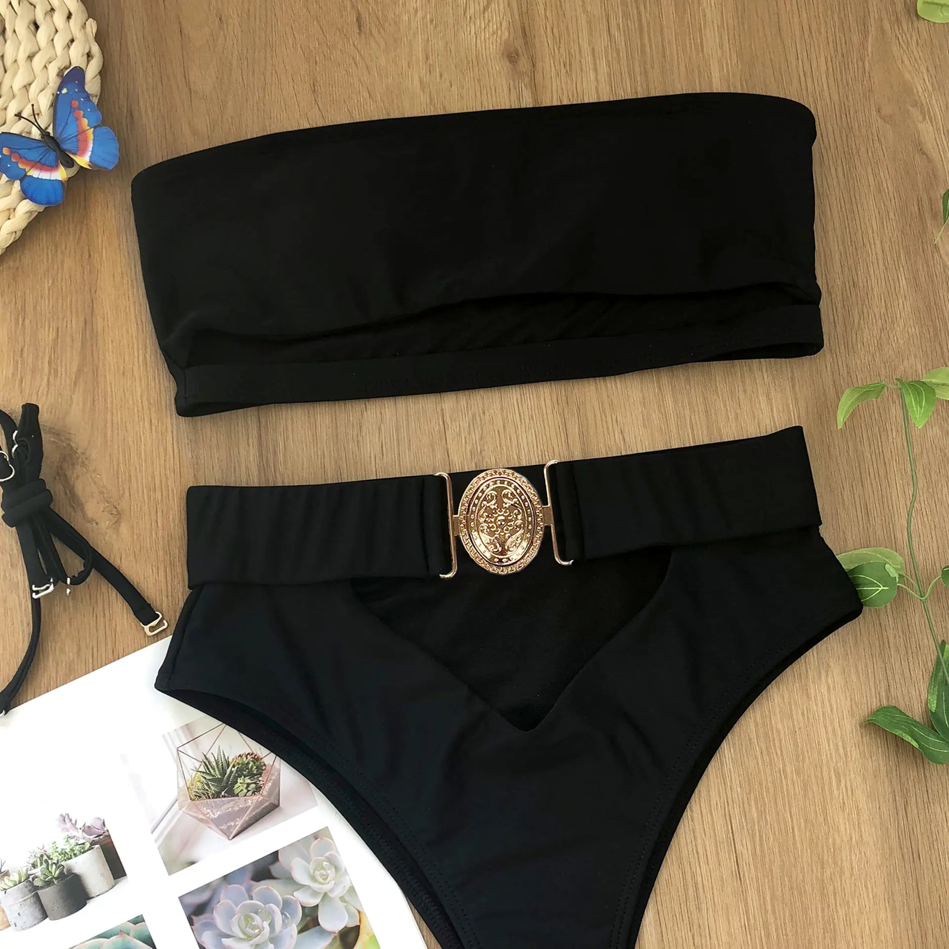 Strapless Metal Buckle Bikini Set
